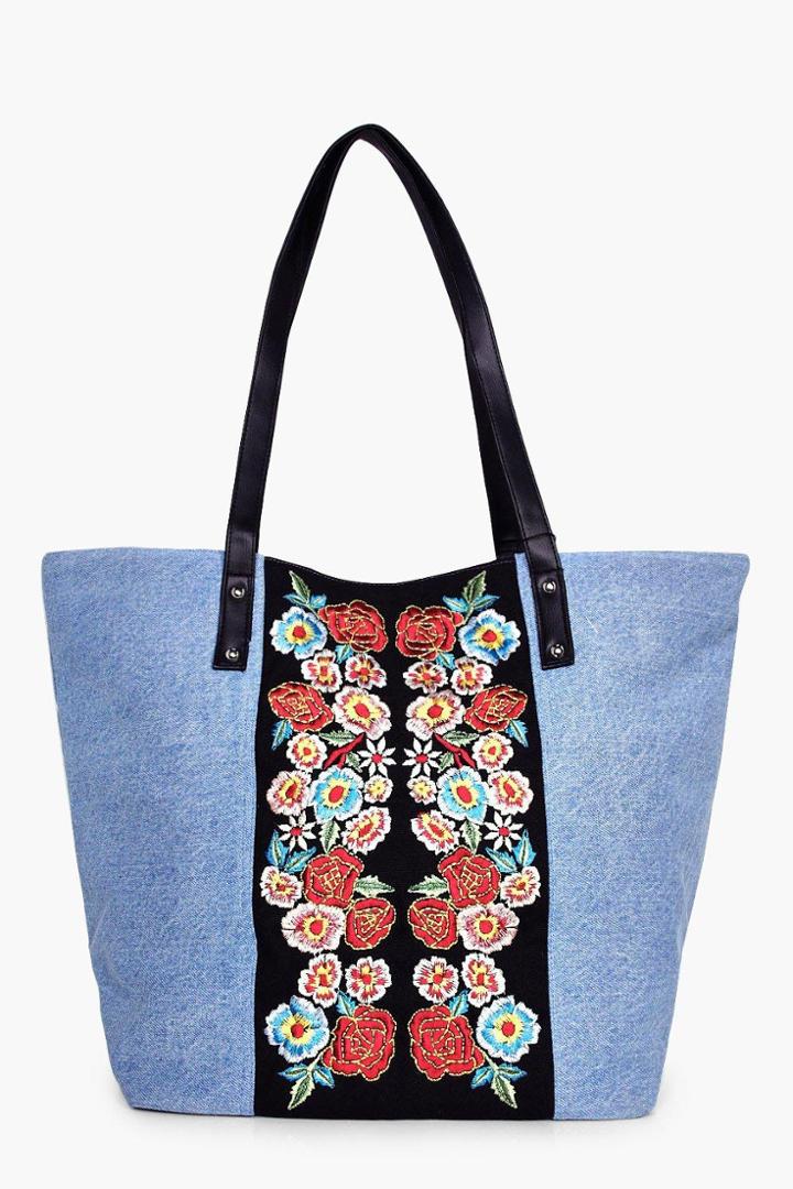 Boohoo Hannah Denim Embroidered Beach Bag Denim-blue