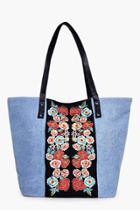 Boohoo Hannah Denim Embroidered Beach Bag Denim-blue