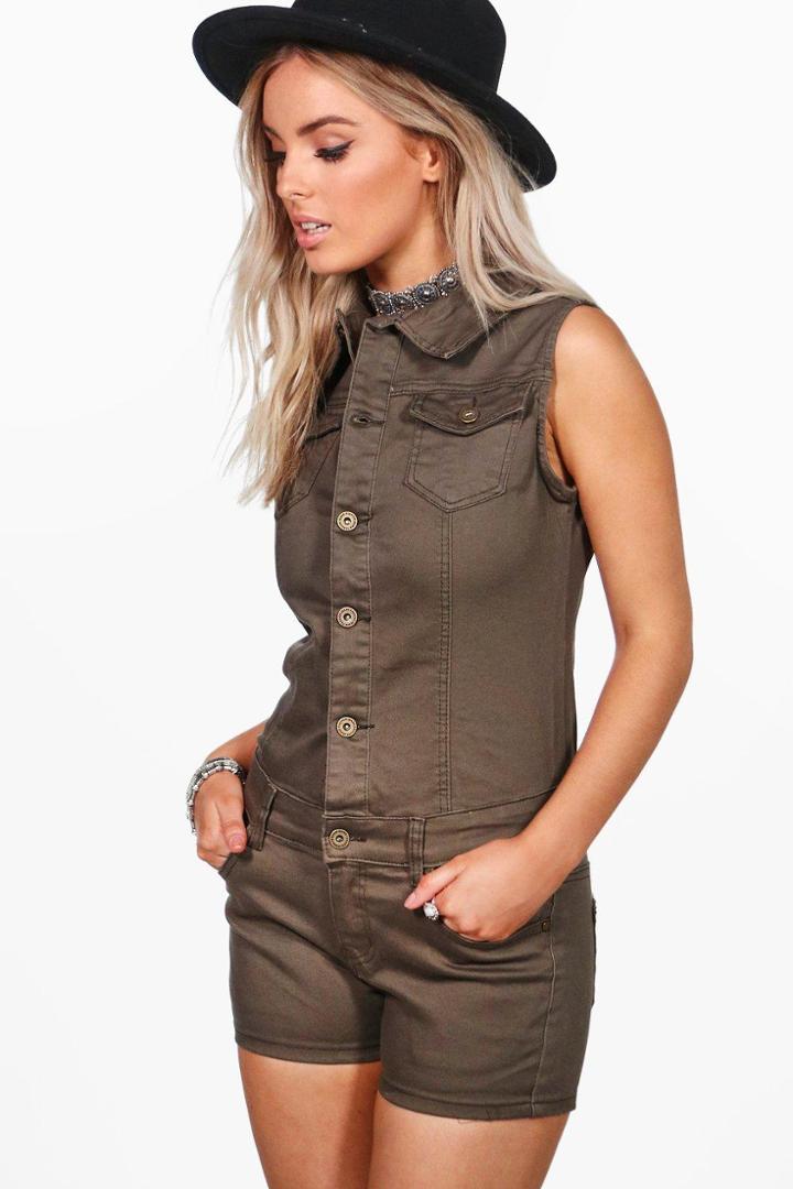 Boohoo Kelly Khaki Utility Denim Playsuit Khaki