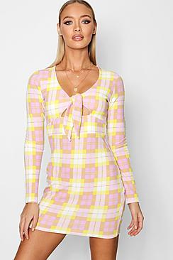 Boohoo Damar Knot Front Checked Bodycon Dress