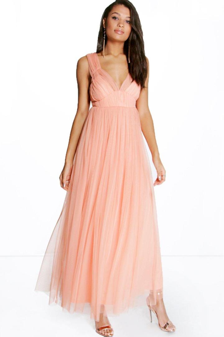 Boohoo Boutique Anya Seam Detail Tulle Maxi Dress Peach