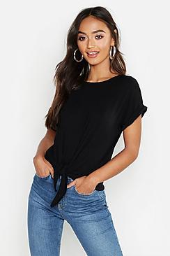 Boohoo Petite Roll Sleeve Tie Front T-shirt