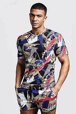 Boohoo Contrast Print Muscle Fit T-shirt & Swim Short Set