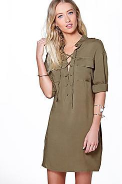 Boohoo Arianna Lace Up Utility Pocket Shirt Dress
