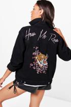 Boohoo Tilly Tiger Embroidered Oversized Jean Jacket Black
