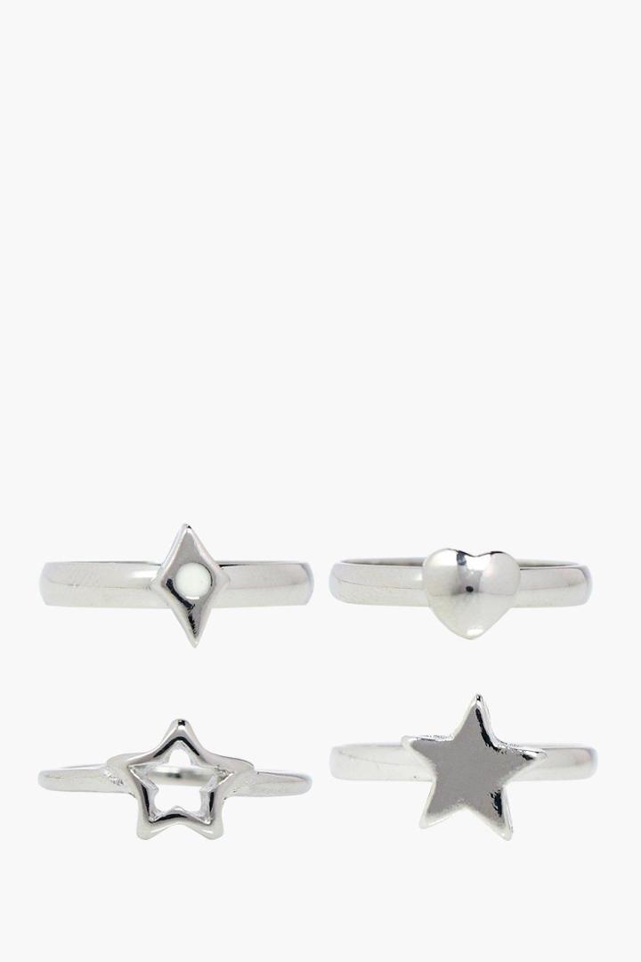 Boohoo Rosie Star & Heart 4 Ring Pack Silver