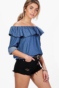 Boohoo Amy Off The Shoulder Ruffle Chambray Top