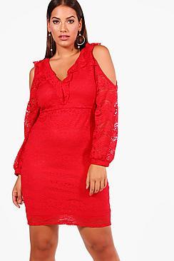 Boohoo Plus Isabelle Ruffle Lace Overlay Bodycon Dress
