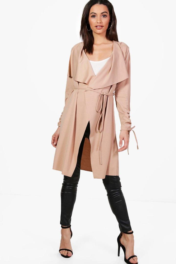 Boohoo Rebecca Ruched Sleeve Belted Duster Stone