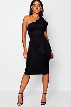 Boohoo One Shoulder Pleated Detail Midi Dress