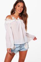 Boohoo Petite Olivia Lace Detail Cold Shoulder Top White