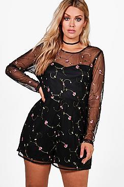 Boohoo Plus Lois Embroidered Playsuit