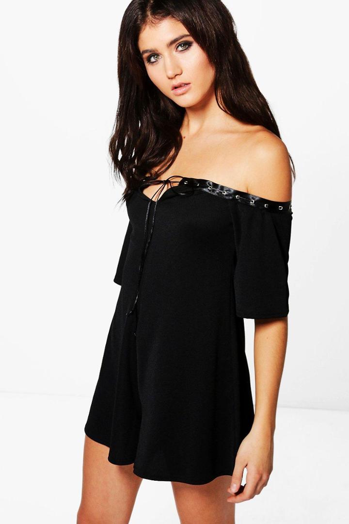 Boohoo Ria Off The Shoulder Tie Neck Swing Playsuit Black