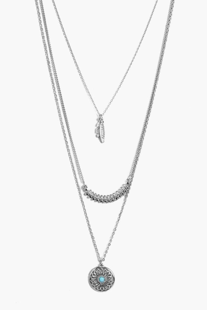 Boohoo Rose Feather And Flower Layered Necklace Silver