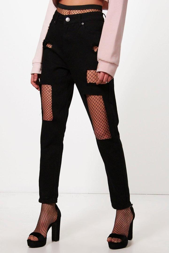 Boohoo Camila Black Ripped Fish Net Boyfriend Jeans Black