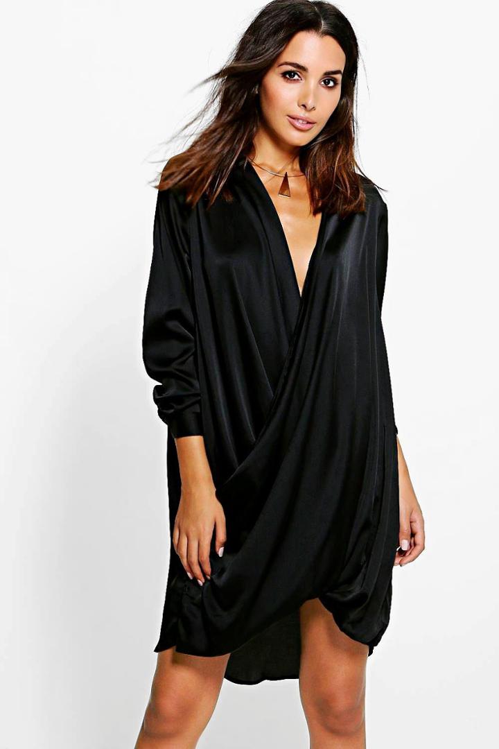 Boohoo Jinnie Satin Wrap Front Shift Dress Black