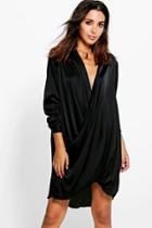 Boohoo Jinnie Satin Wrap Front Shift Dress Black