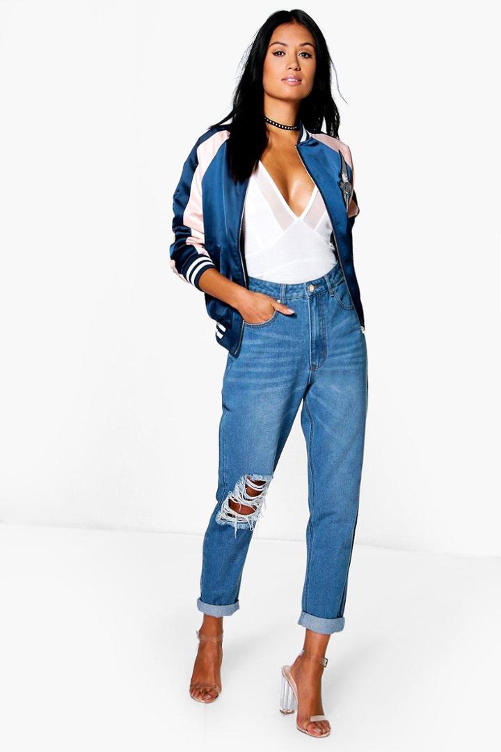 Boohoo Hatty High Rise Cheeky Rip Boyfriend Jeans Blue
