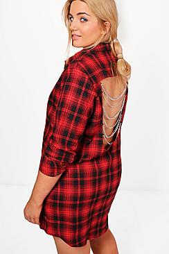 Boohoo Plus Louise Checked Chain Back Shirt Dress