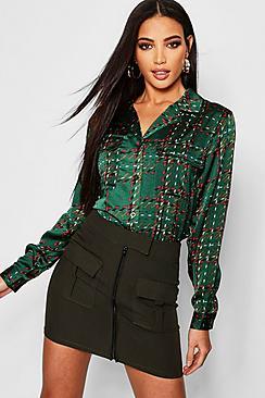 Boohoo Satin Check Pocket Detail Shirt