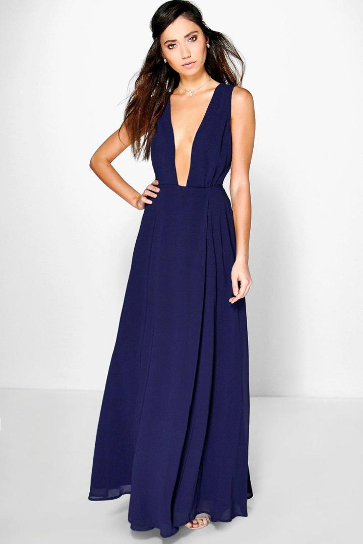 Boohoo Eloise Wrap Front Chiffon Maxi Dress Navy