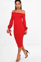 Boohoo Fi Off The Shoulder Blouson Tie Sleeve Dress
