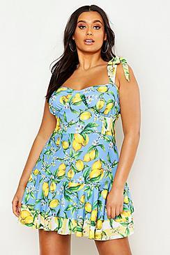 Boohoo Plus Mix Lemon Tie Strap Ruffle Skater Dress