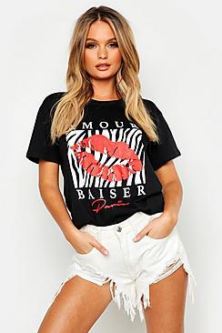 Boohoo Zebra Lips French Slogan T-shirt