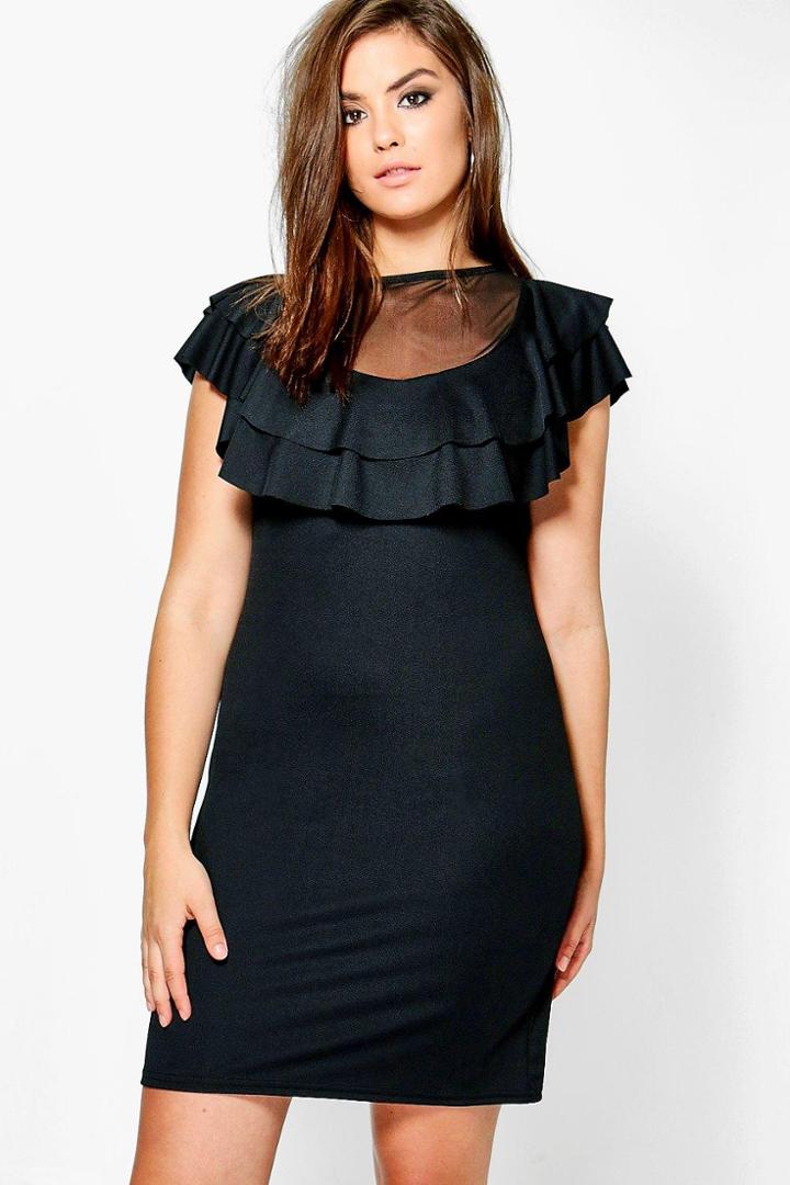Boohoo Plus Rosie Mesh Ruffle Bodycon Dress Black