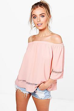 Boohoo Katy Off The Shoulder Crochet Trim Top