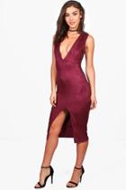 Boohoo Ella Suedette Plunge Split Midi Dress Burgundy