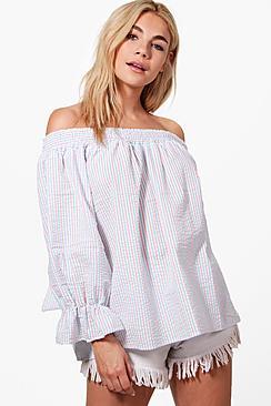 Boohoo Anna Stripe Off The Shoulder Shirt