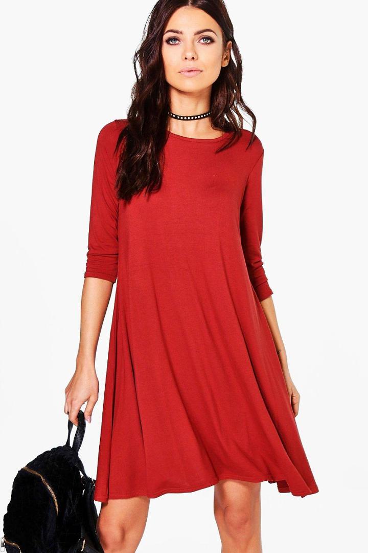 Boohoo Allie 3/4 Sleeve Swing Dress Chestnut