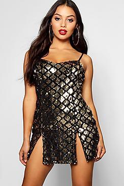 Boohoo Petite Velvet And Sequin Split Hem Bodycon Hem
