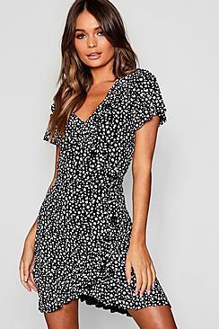 Boohoo Dalmation Print Ruffle Tea Dress