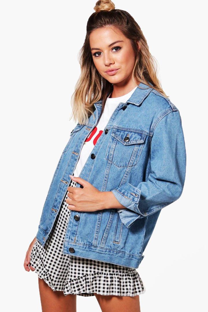Boohoo Petite Kelly Boyfriend Fit Jean Jacket Blue