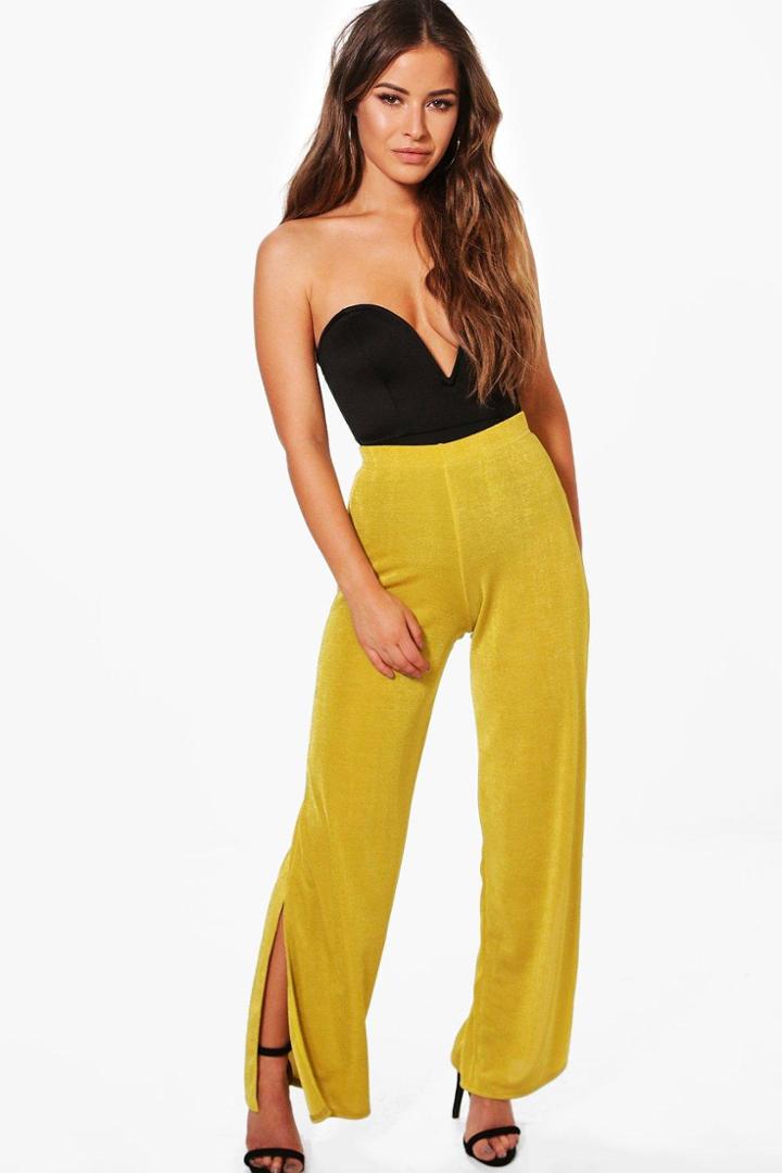 Boohoo Petite Vicky Wide Leg Slinky Trouser Chartreuse