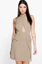 Boohoo Debbie Cross Front Pocket Detail Bodycon Dress Taupe