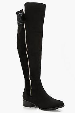 Boohoo Belinda Wide Fit Pom Trim Over Knee Boot