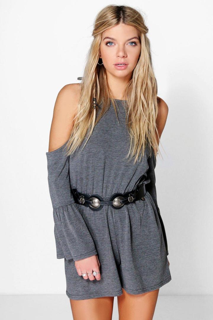 Boohoo Luna Open Shoulder Frill Sleeved Playsuit Charcoal