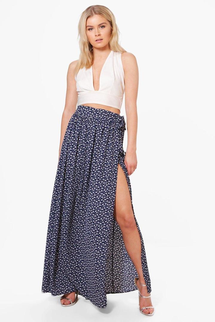 Boohoo Bali Woven Ditsy Floral Wrap Maxi Skirt Navy