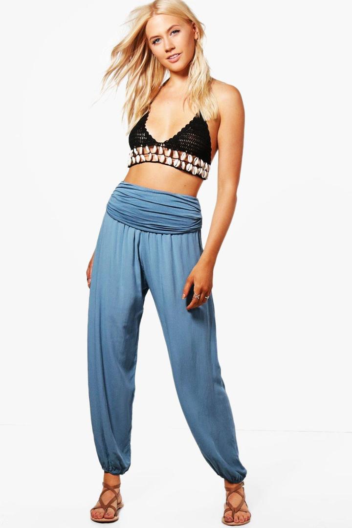 Boohoo Bethany Folded Waist Woven Harem Trousers Denim