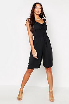 Boohoo Shirred Waist Ruffle Strap Linen Look Jumpsuit