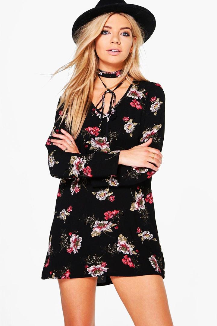 Boohoo Felicity Floral Tie Neck Shift Dress Black