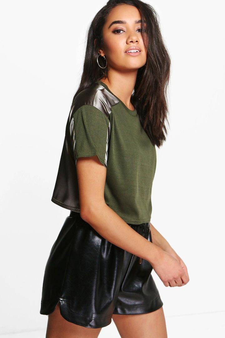 Boohoo Petite Megan Satin And Rib Box Crop Tee Khaki