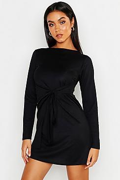 Boohoo Long Sleeve Tie Waist Mini Dress