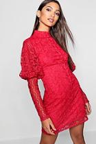 Boohoo Lace High Neck Puff Sleeve Bodycon Dress