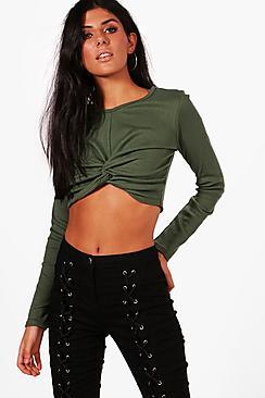 Boohoo Mia Wrap Front Rib Long Sleeve Crop Top