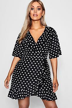 Boohoo Plus Heart Print Frill Detail Wrap Dress