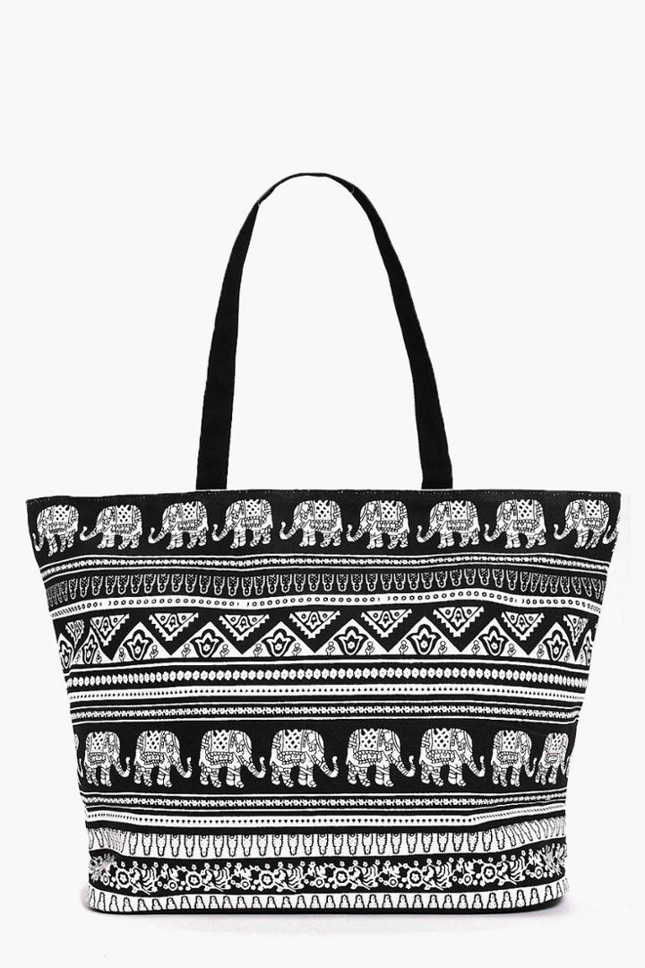 Boohoo Willow Elephant Print Beach Bag Black